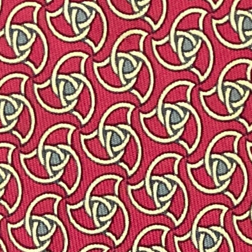 100% REAL HERMES TIE ~ DARKER RED w CREAM & SILVER TEAR DROP HORSE BRIDLE LINKS